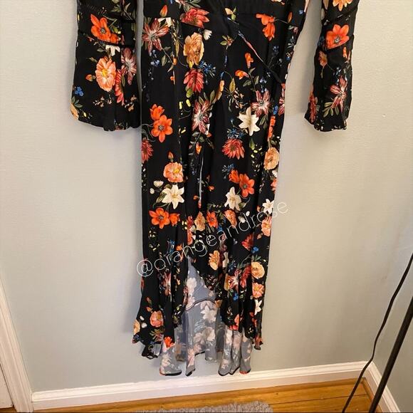 FARM Rio Brazil Black Floral Wrap Front Long Sleeve Maxi Dress Tropical XS - Picture 7 of 16